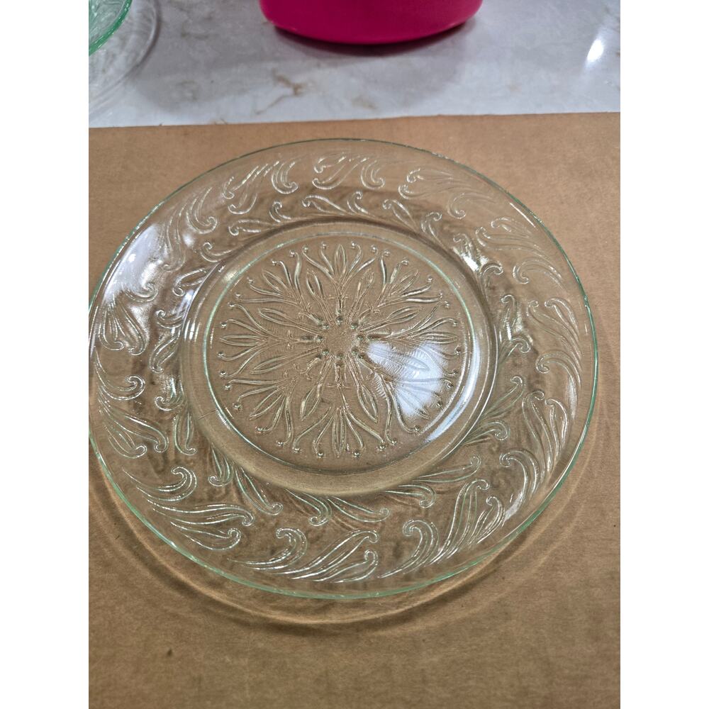 1Uranium Glass Bread and Butter Plates Dishes Scoll Pattern Vaseline Glass